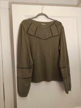 Lands' End XL 18 Pine Valley Green Pintuck Lattice Lace Long Sleeve Top
